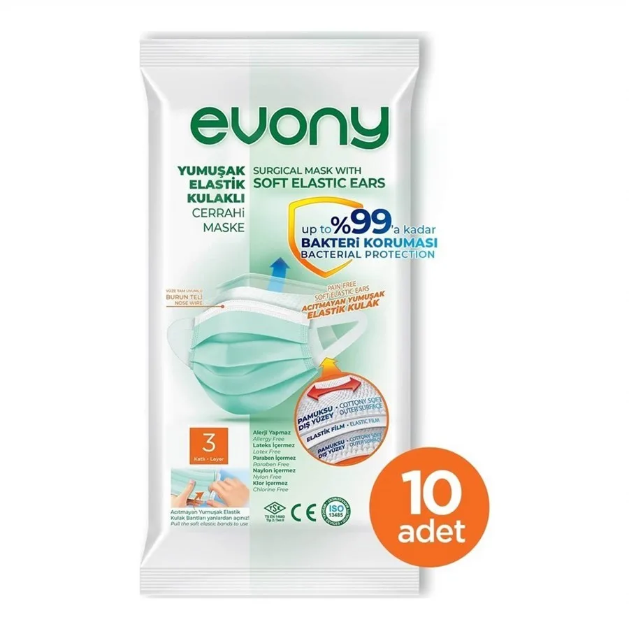 Evony 3 Katlı Telli Yumuşak Elastik Kulaklı Maske 10'lu Yeşil