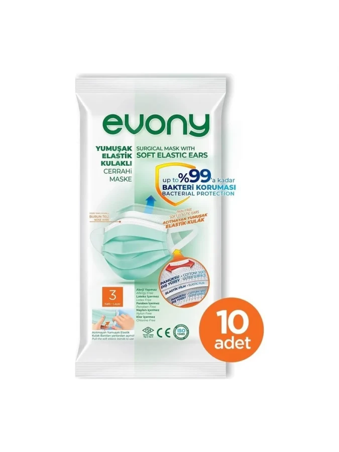 Evony 3 Katlı Telli Yumuşak Elastik Kulaklı Maske 10'lu Yeşil