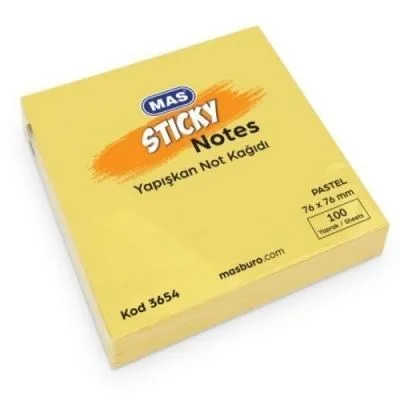 Mas 76x76 Mm Pastel Yapışkanlı Not Kağıdı Sarı 3654