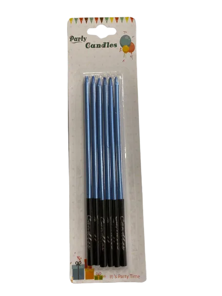 Nedi 16 Cm İnce Çubuk Mum Siyah Altlı Metalik Mavi 6"lı Jg2055-14