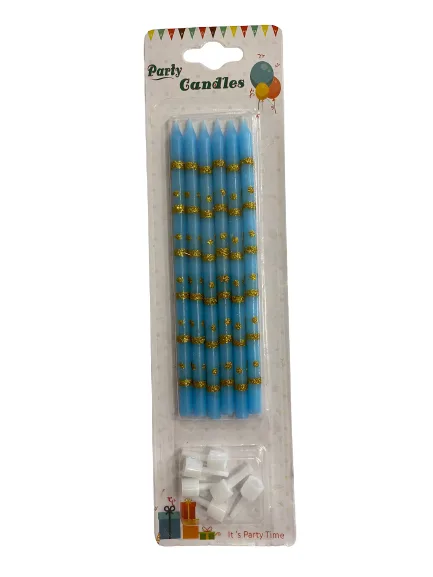 Nedi 13 Cm Simli Çizgili Puantiyeli Mum Altın Mavi 6"lı Jg2073c-3
