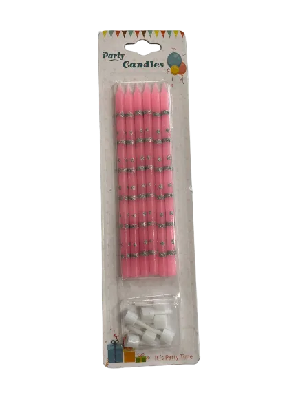 Nedi 13 Cm Simli Çizgili Puantiyeli Mum Gümüş Pembe 6"lı Jg2073c-2