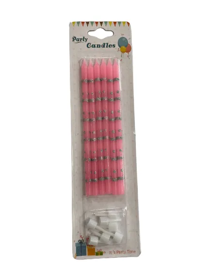 Nedi 13 Cm Simli Çizgili Puantiyeli Mum Gümüş Pembe 6"lı Jg2073c-2