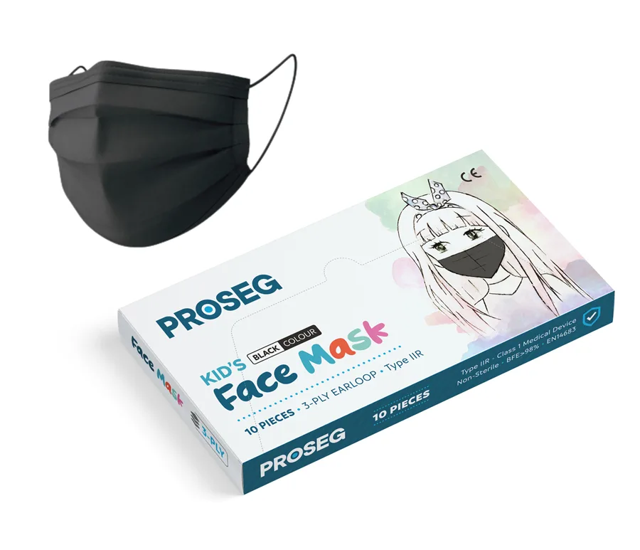 Proseg Kids 3 Katlı Telli Çocuk Maskesi 10'lu Siyah