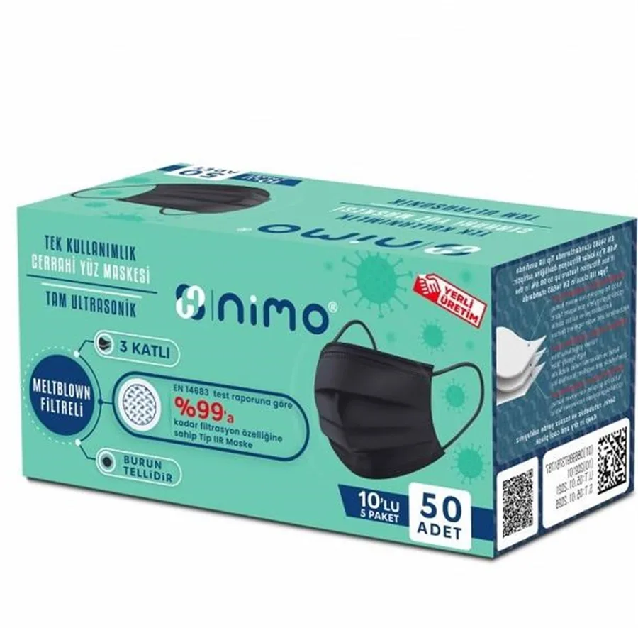 Nimo 3 Katlı Meltblown Filtreli Tek Kullanımlık Cerrahi Maske 50'li Siyah