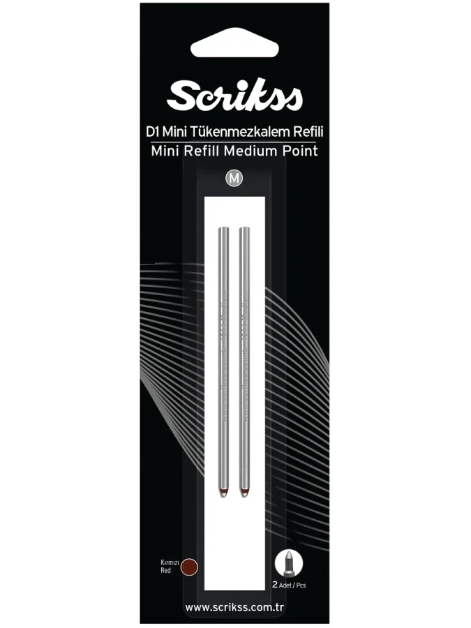 Scrikss D1 M (medıum) Kısa Tip Tükenmez Kalem Yedeği Mini (refil) 2"li Kırmızı