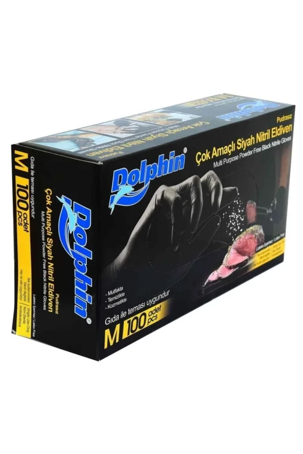 Dolphin Nitril Pudrasız Muayene Eldiveni Medium Siyah 100"lü