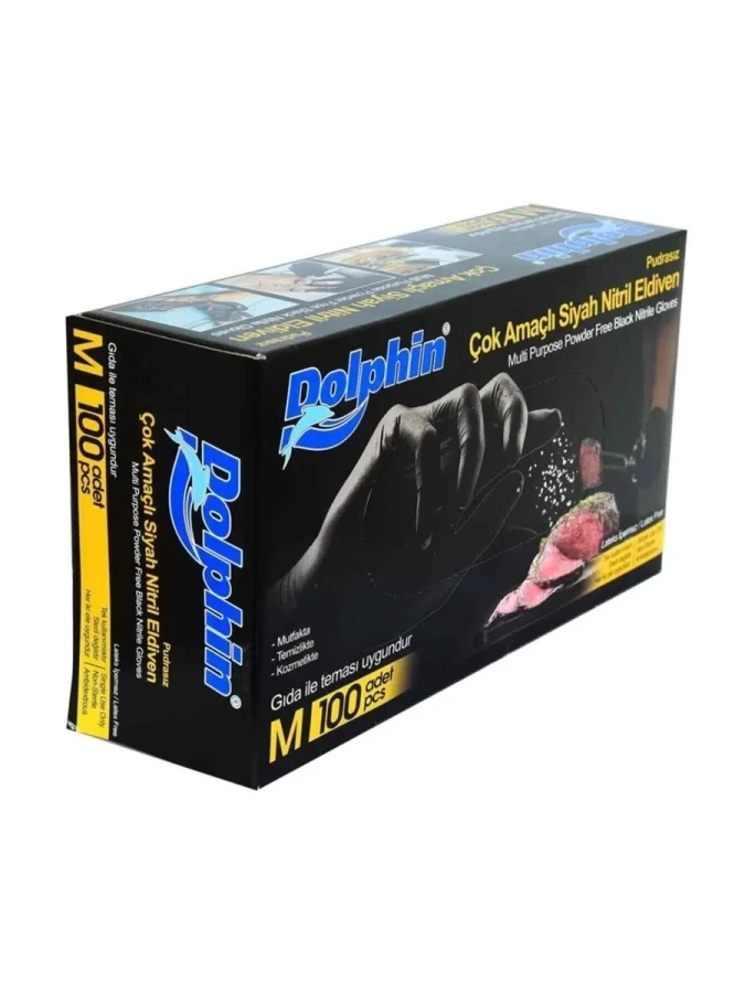 Dolphin Nitril Pudrasız Muayene Eldiveni Medium Siyah 100"lü