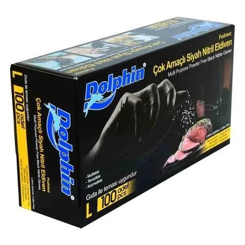 Dolphin Nitril Pudrasız Muayene Eldiveni Large Siyah 100"lü