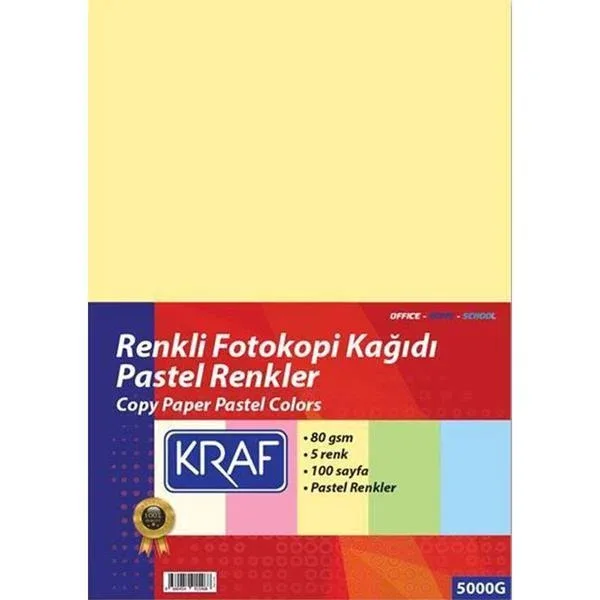 Kraf A4 80 Gr Pastel 5 Renk Kağıt 100 Lü 5000g