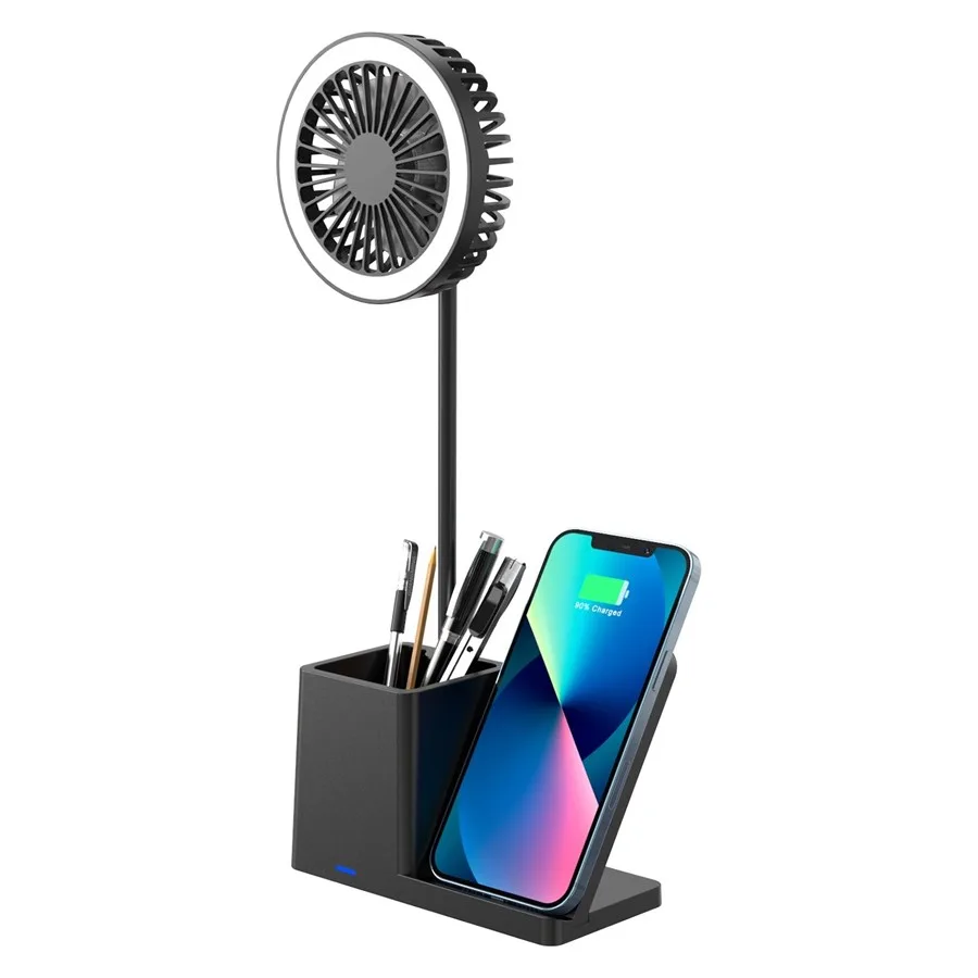 S-link Sl-m9055 Siyah Type-c 10w Kablosuz Şarj Cihazı Kalemlikli Vantilatör Masa Lambası