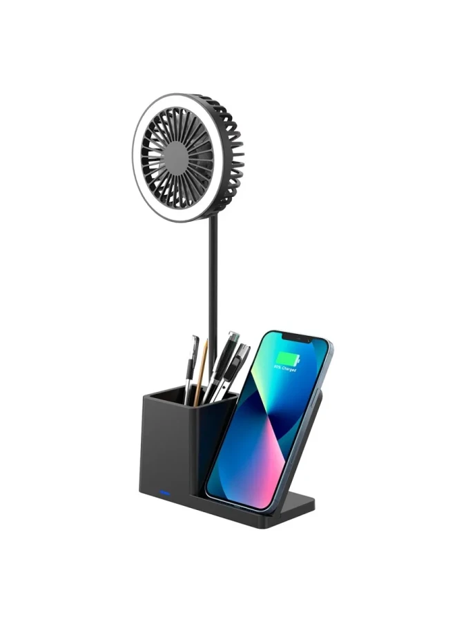 S-link Sl-m9055 Siyah Type-c 10w Kablosuz Şarj Cihazı Kalemlikli Vantilatör Masa Lambası