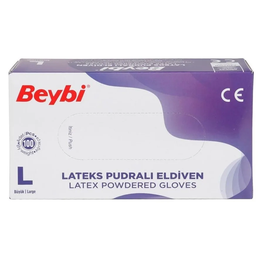 Beybi Lateks Pudralı Muayene Eldiveni Large Beyaz 100"lü