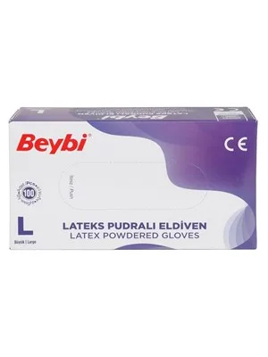 Beybi Lateks Pudralı Muayene Eldiveni Large Beyaz 100"lü