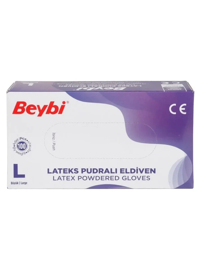 Beybi Lateks Pudralı Muayene Eldiveni Large Beyaz 100"lü
