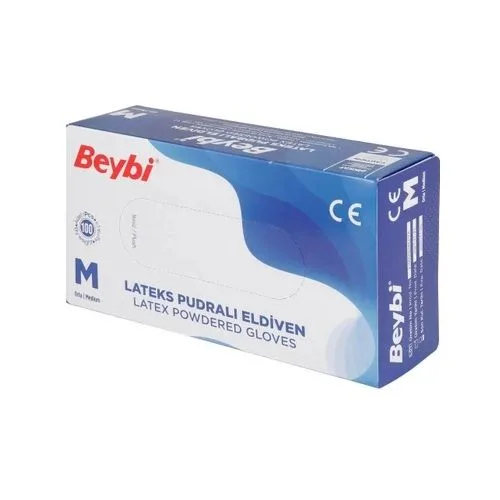 Beybi Lateks Pudralı Muayene Eldiveni Medium Beyaz 100"lü