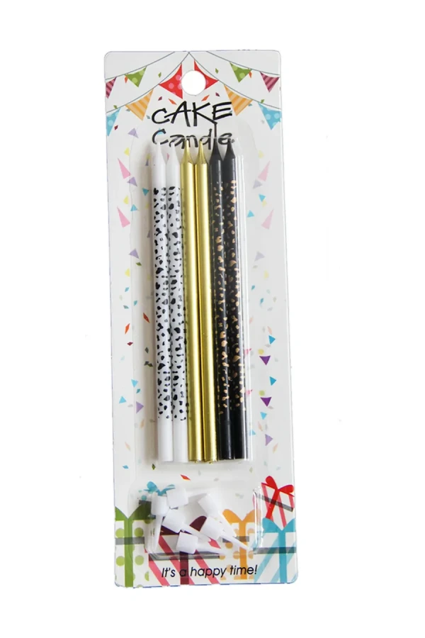 Nedi 13 Cm İnce Uzun Yıldız Baskılı Mum 6"lı Beyaz-altın-siyah Lw606a