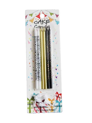 Nedi 13 Cm İnce Uzun Yıldız Baskılı Mum 6"lı Beyaz-altın-siyah Lw606a