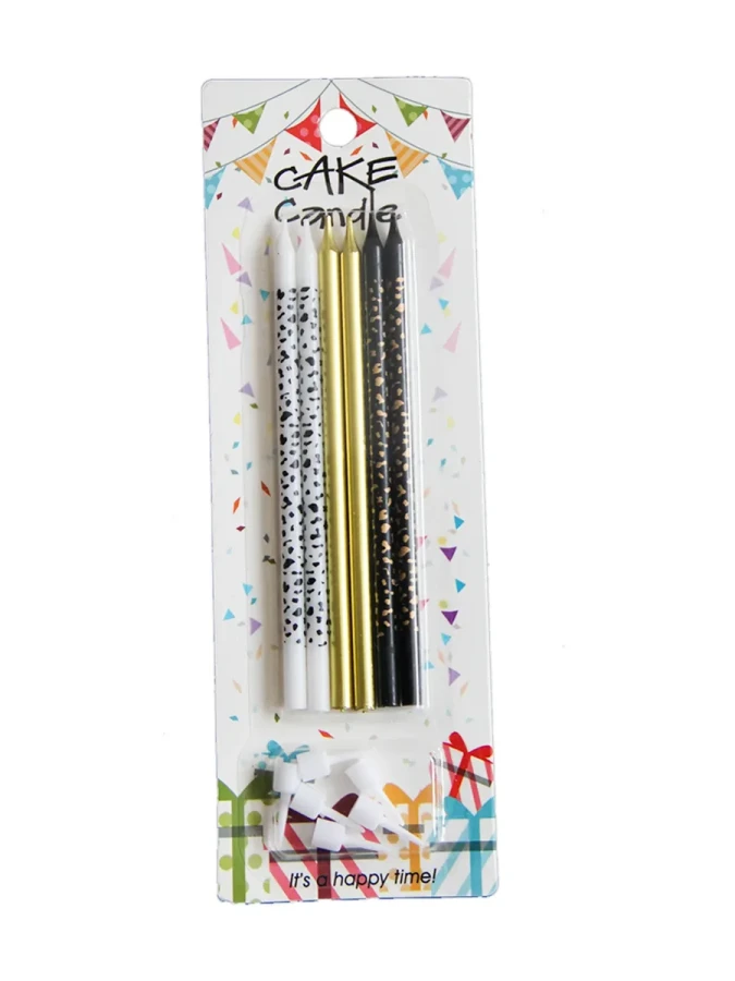 Nedi 13 Cm İnce Uzun Yıldız Baskılı Mum 6"lı Beyaz-altın-siyah Lw606a