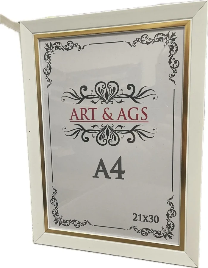 Art&ags A4 22 Mm Ahşap Görünümlü Çerçeve Altın Paspartulu Beyaz