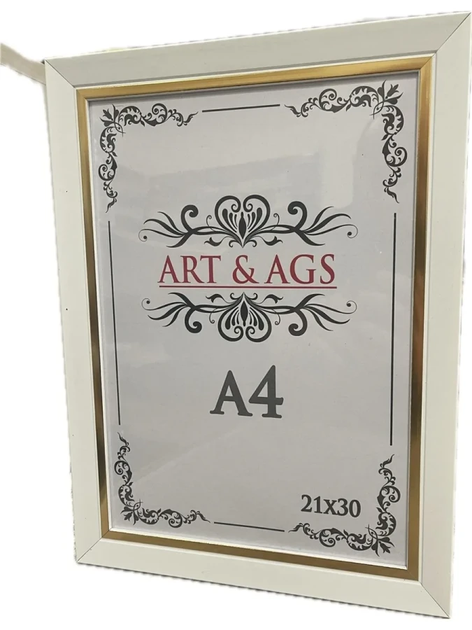 Art&ags A4 22 Mm Ahşap Görünümlü Çerçeve Altın Paspartulu Beyaz