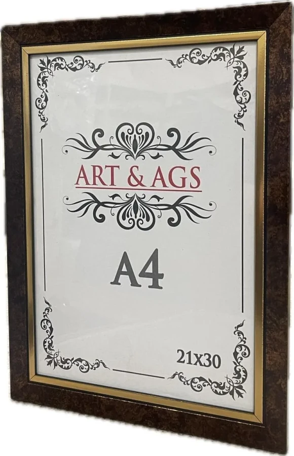 Art&ags A4 22 Mm Ahşap Görünümlü Çerçeve Altın Paspartulu Eskitmeli Kahve