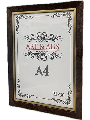 Art&ags A4 22 Mm Ahşap Görünümlü Çerçeve Altın Paspartulu Eskitmeli Kahve