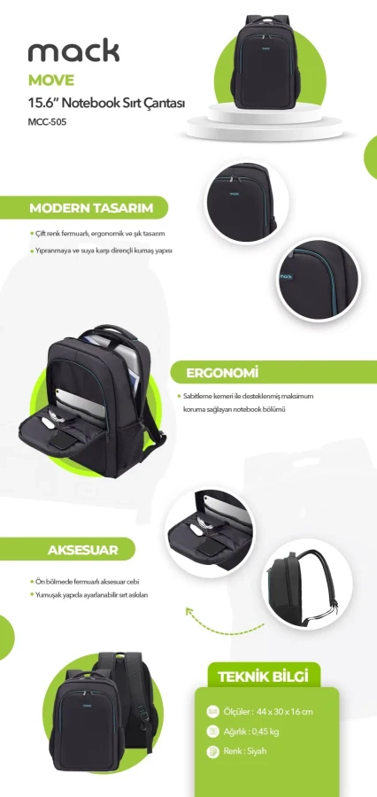 Mack Move 15.6" Notebook Sırt Çantası Siyah Mcc-505