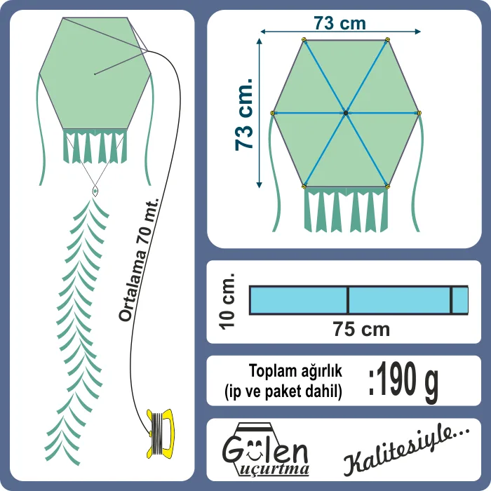 Gülen 73x73 Cm Kumaş Çerçeveli Altıgen Uçurtma Düz Renk Ghho-002-1