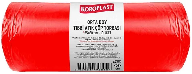 Koroplast 55x60 Cm Orta Boy İpli Tıbbi Atık Çöp Poşeti 10''lu Kırmızı St01500412
