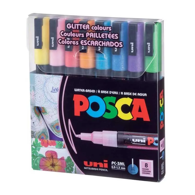 Uni Posca 0.9-1.3 Su Bazlı Markör Kalem Simli 8"li Pc-3ml 8c