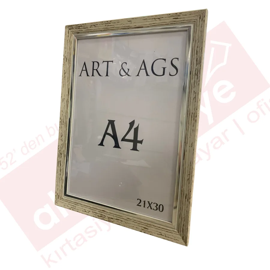 Art&ags A4 22 Mm Ahşap Görünümlü Çerçeve Gümüş Paspartulu Eskitmeli Krem
