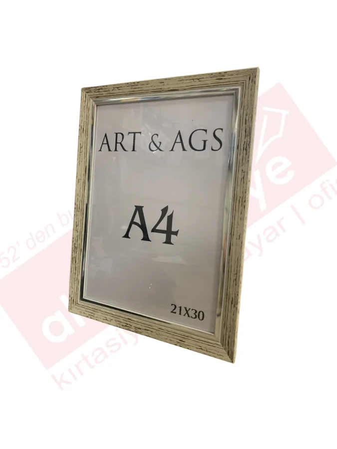 Art&ags A4 22 Mm Ahşap Görünümlü Çerçeve Gümüş Paspartulu Eskitmeli Krem