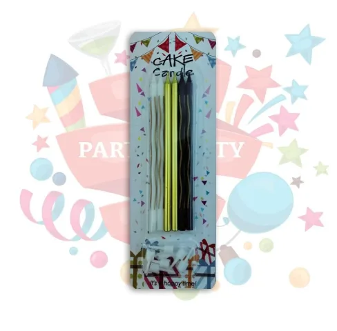Nedi 13 Cm İnce Uzun Çizgi Baskılı Mum 6"lı Beyaz-altın-siyah Lw606c