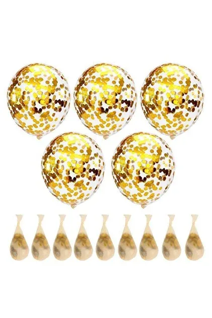 Balloons 12" Şeffaf Balon 5"li Konfetili Altın