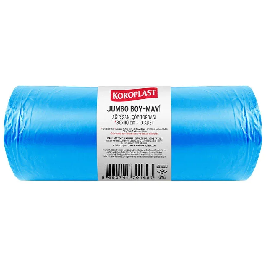 Koroplast 80x110 Cm 96 Mic Jumbo Boy Ağır Sanayi Çöp Poşeti 10''lu Mavi St01500395