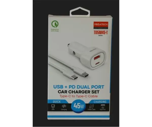Megatech T05m45-t 45w Usb-a ve Type-c Çıkışlı Araç Çakmaklık Şarj Başlığı