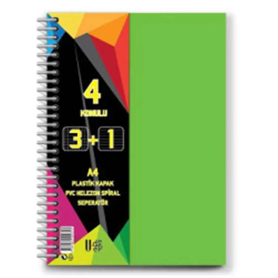 U-deep A4 Pp Kapak Spiralli Defter 3+1 Bölmeli 100 Yp