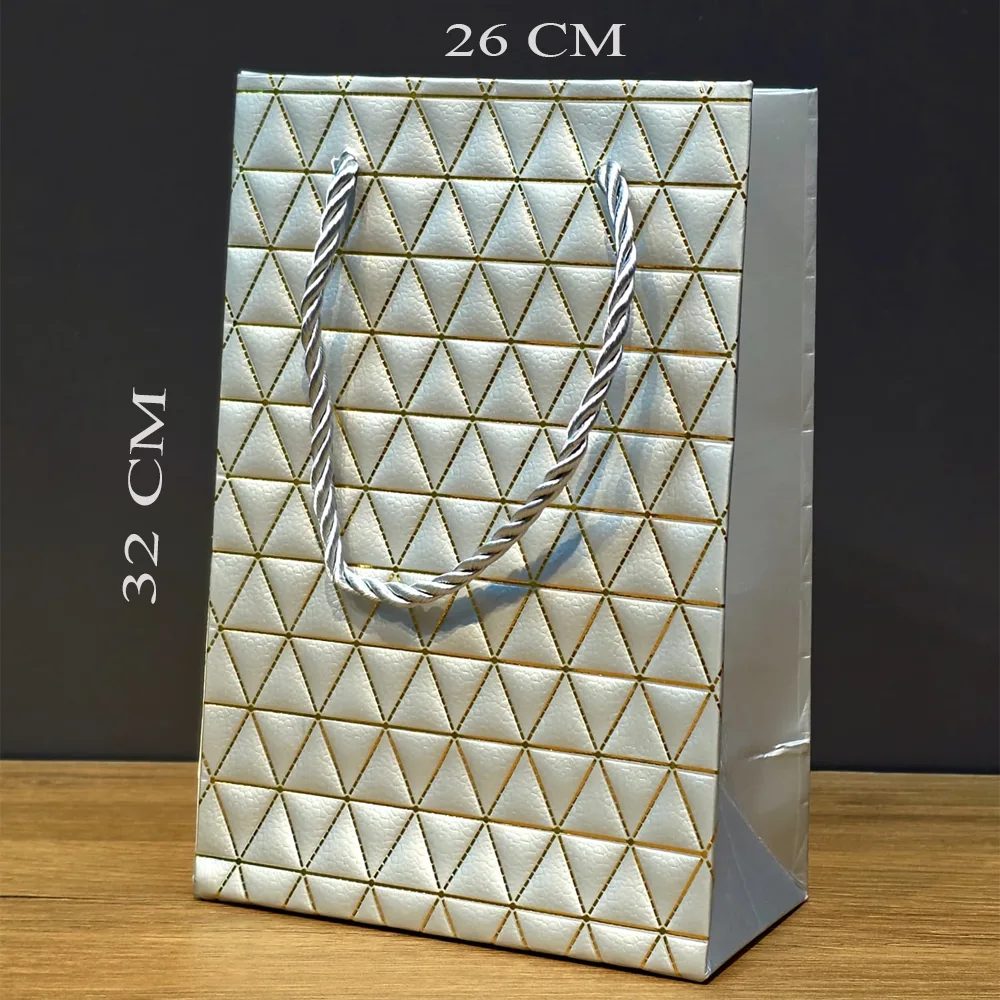 Gümüş Geometrik Desenli Büyük Boy Karton Hediye Çantası