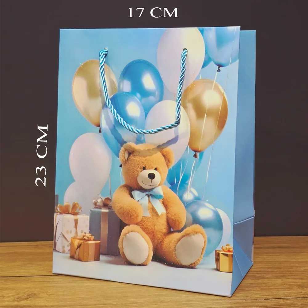 Ayıcık Desenli Mavi Küçük Boy Karton Hediye Çantası