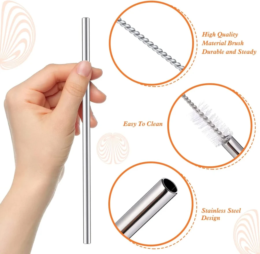 Ekstra Uzun Paslanmaz Çelik Pipet Seti – 3 Parça (Eğri + Düz + Fırça)