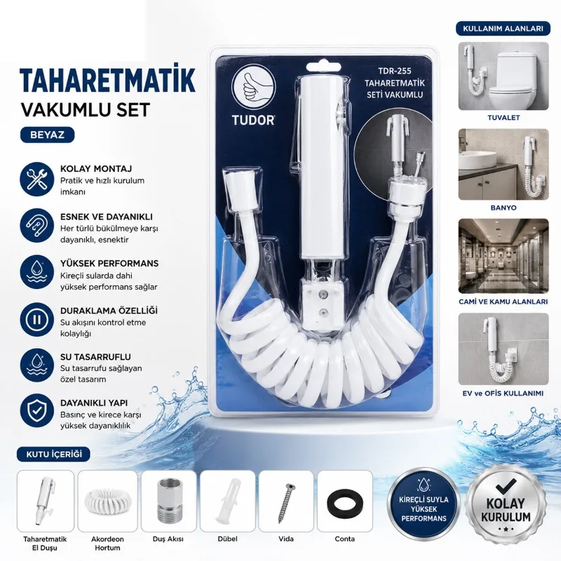 Beyaz Taharetmatik Seti - Vakumlu Montaj - Akordeon Hortumlu
