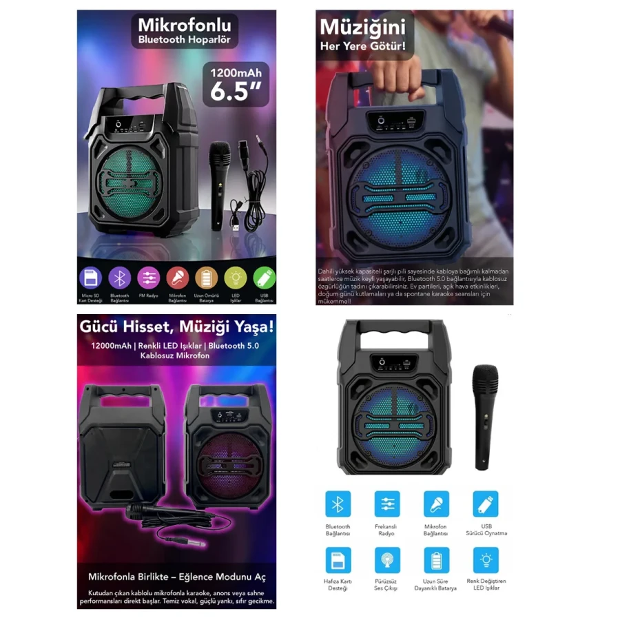 Mikrofonlu Bluetooth Hoparlör - LED Işıklı - USB Şarjlı - AUX Destekli