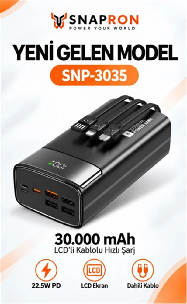 Snapron Snp-3035 30.000 Mah Dahili Kablolu 22w Hızlı Şarj Destekli Powerbank