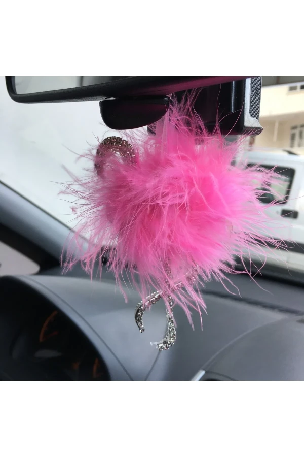 Flamingo Gümüş Pleksi Taşlı Dikiz Ayna Süsü Pembe Tüylü