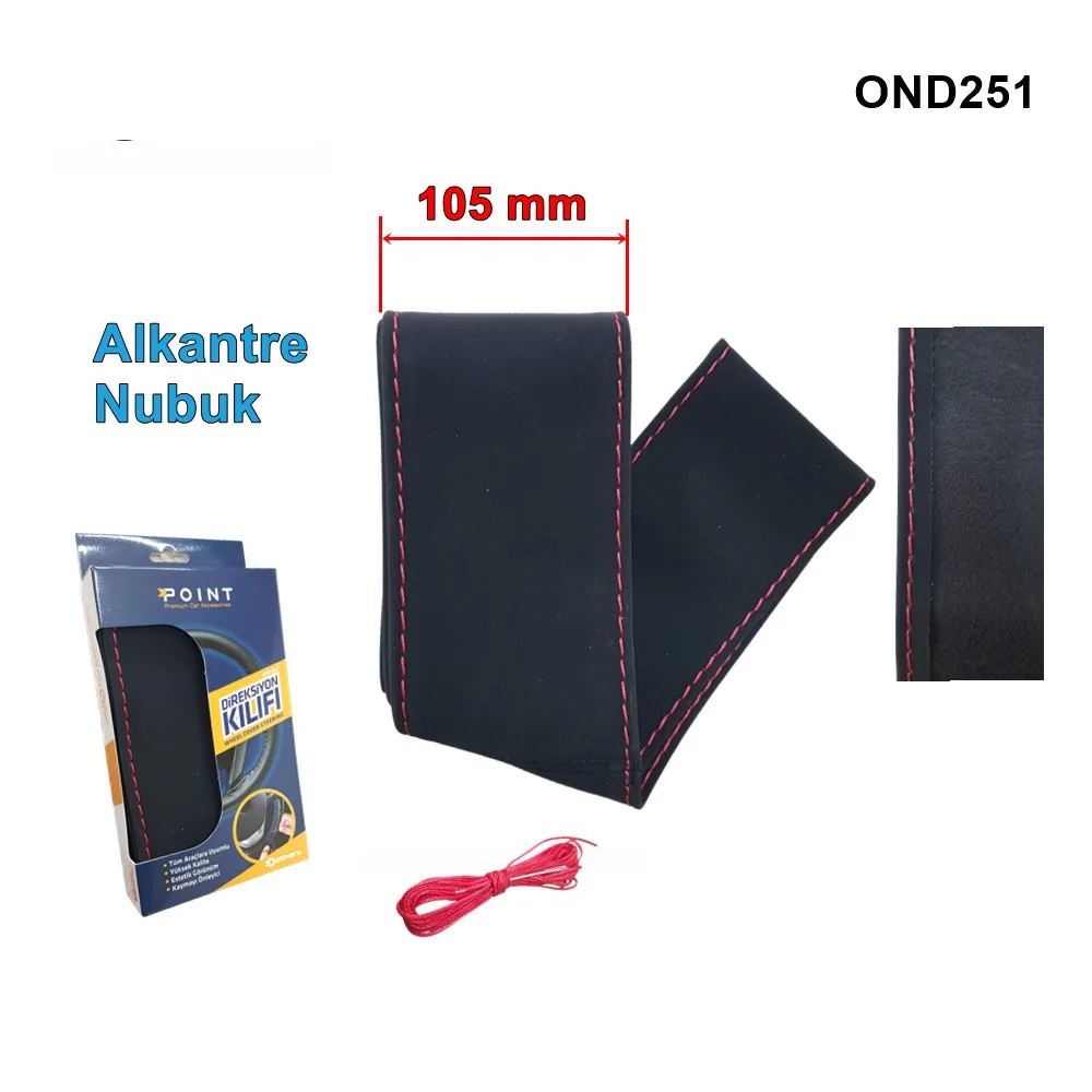 Alcantra Nubuk Kumaş Dikme Direksiyon Kılıfı 105mm 38-40cm Kırmızı Dikişli Siyah