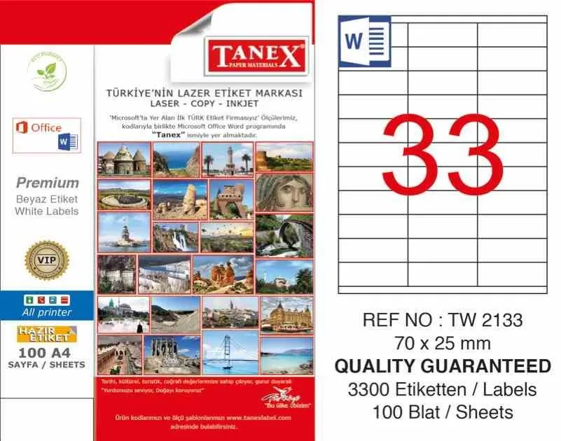 Tanex 70x25 Mm Laser Etiket 100 Lü Tw-2133