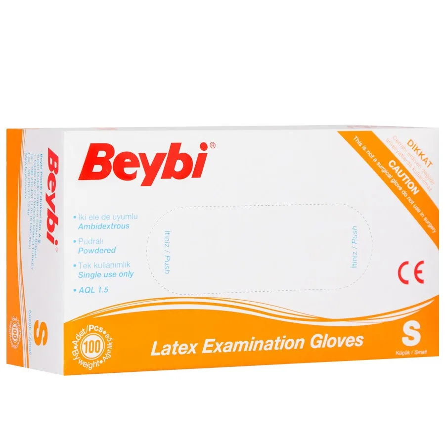 Beybi Lateks Pudralı Muayane Eldiveni Small Beyaz 100"lü
