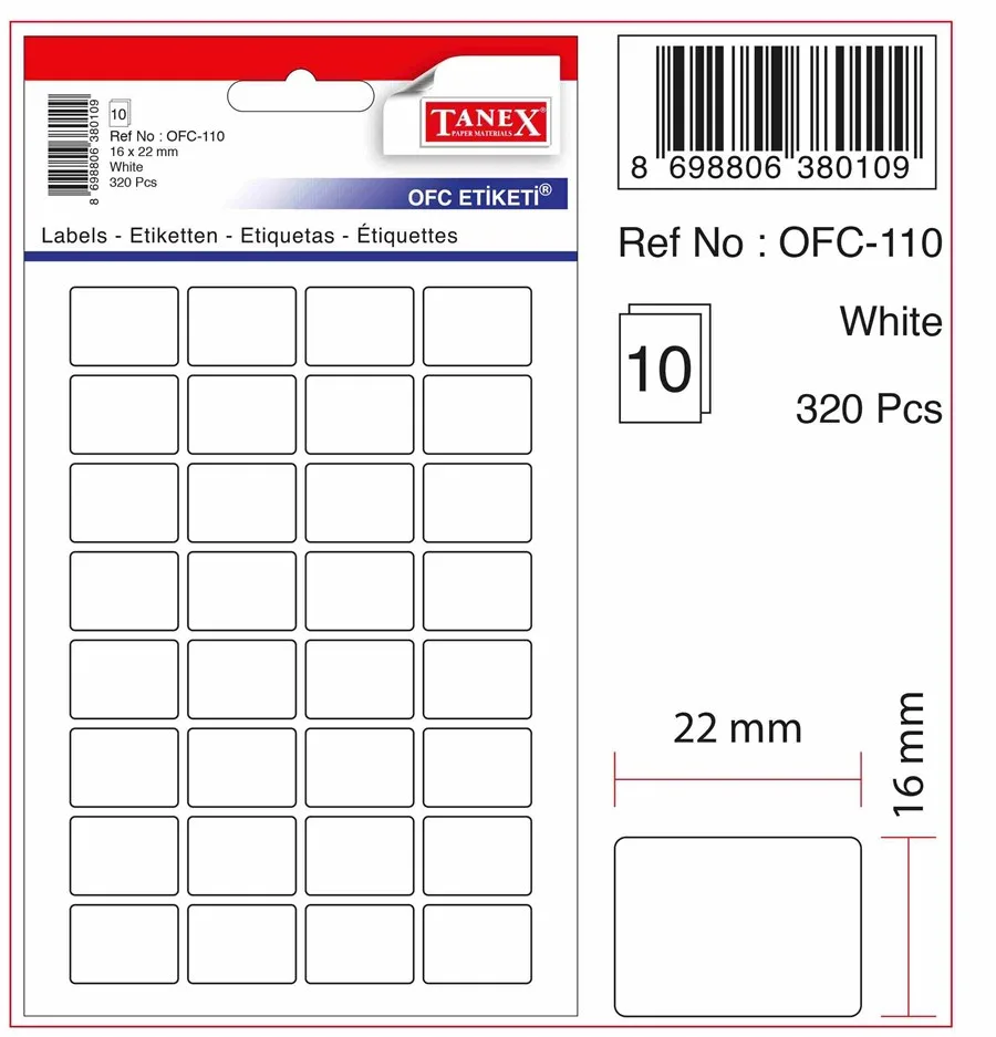 Tanex 16x22 Poşet Ofis Etiketi Beyaz Ofc-110