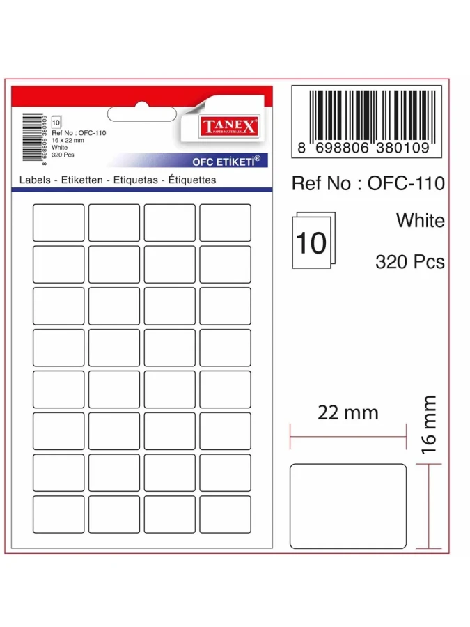Tanex 16x22 Poşet Ofis Etiketi Beyaz Ofc-110